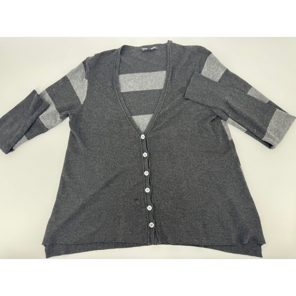 Eileen Fisher Petite Cardigan Sweater PP Gray Striped 3/4 Sleeve Button Front - Picture 1 of 11